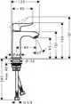 Einhebel-Waschtischmischer von Hansgrohe mit schlanker Form. Zeichnungen zeigen Maße, Montagepunkte und Anschlussdetails für Installation an einem Handwaschbecken.
